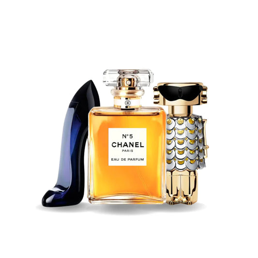 Sada 3 parfémů perfumes Carolina Herrera GOOD GIRL, Chanel Nº5 e Paco Rabanne FAME