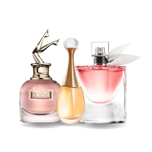 Sada 3 parfémů perfumes Jean Paul Gaultier SCANDAL, Dior J'ADORE e Lancôme LA VIE EST BELLE 100ml